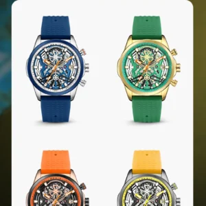Four colorful watches displayed