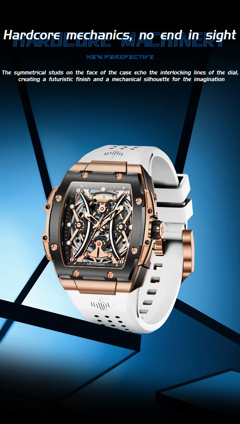 oupinke men's watches classic luxury tonneau dial top brand original automatic mechanical wristwatch silicone strap sapphire new Mechanical watch with white strap