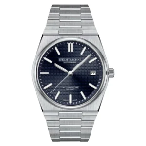 Silver watch with blue dial