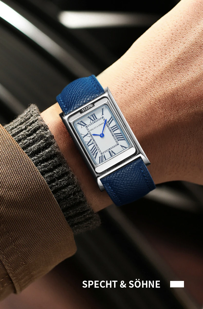 new luxury specht & söhne men's watch shell dial double face quartz watch 316l stainless steel wristwatch for men 50m waterproof Blue leather strap watch