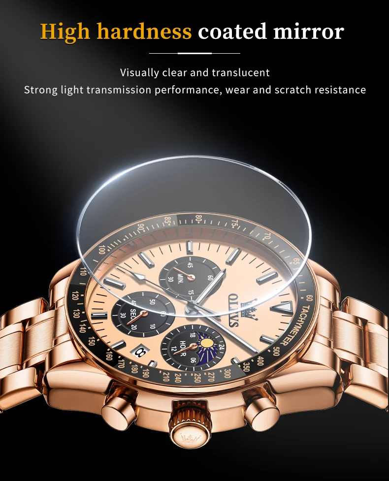 olevs brand new luxury rose gold quartz watch men stainless steel waterproof luminous date moon phase chronograph watches mens Rose gold watch with clear face