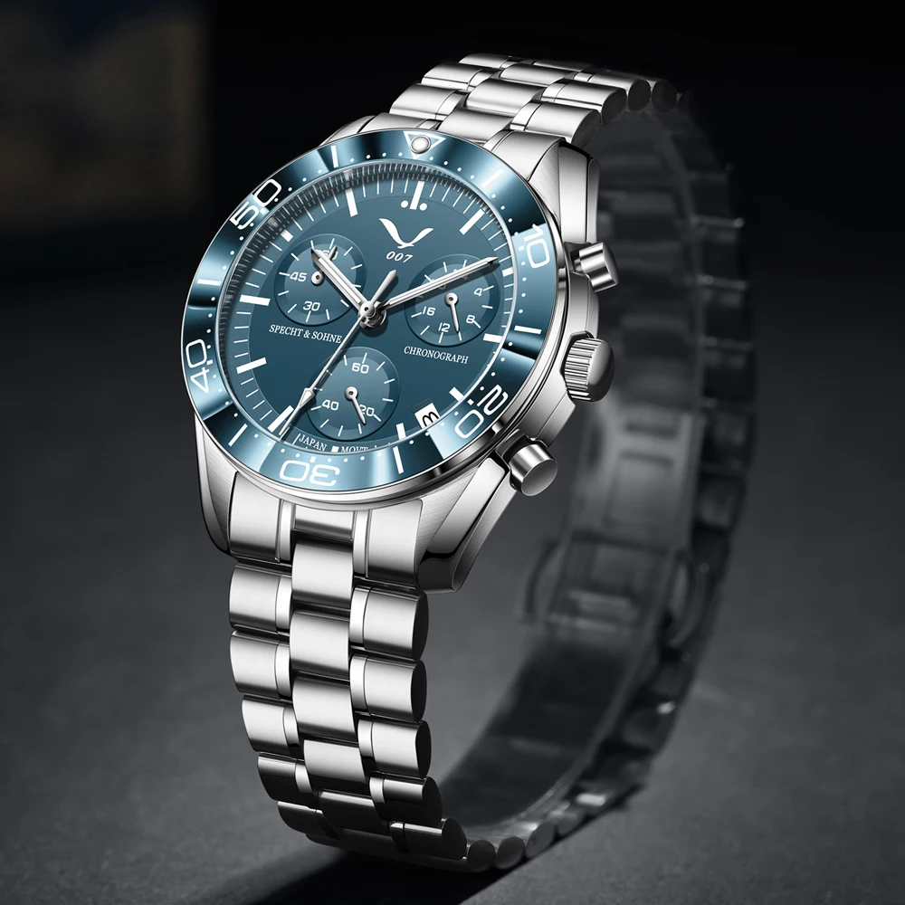 new 007 specht&sohne sports watches for men top brand luxury steel wrist watch fashion japan vk68 chronograph relogio masculino Silver chronograph watch with blue dial.