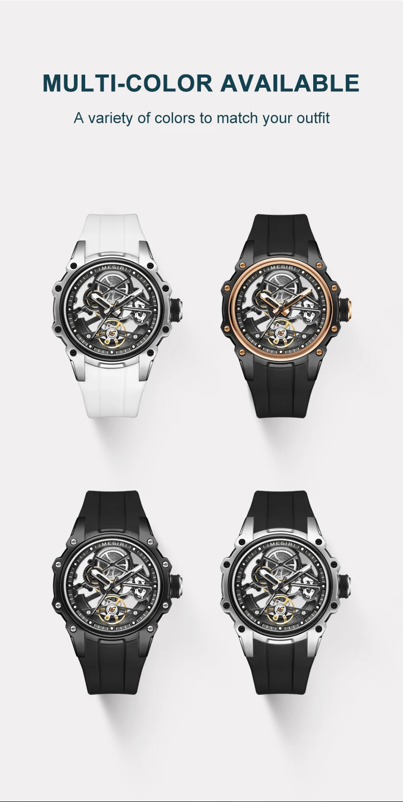 megir skeleton dial automatic mechanical watch men stainless steel case waterproof luminous sport wristwatch with silicone strap Four different color watches.