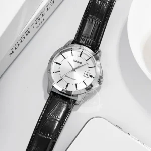 Silver watch with black strap
