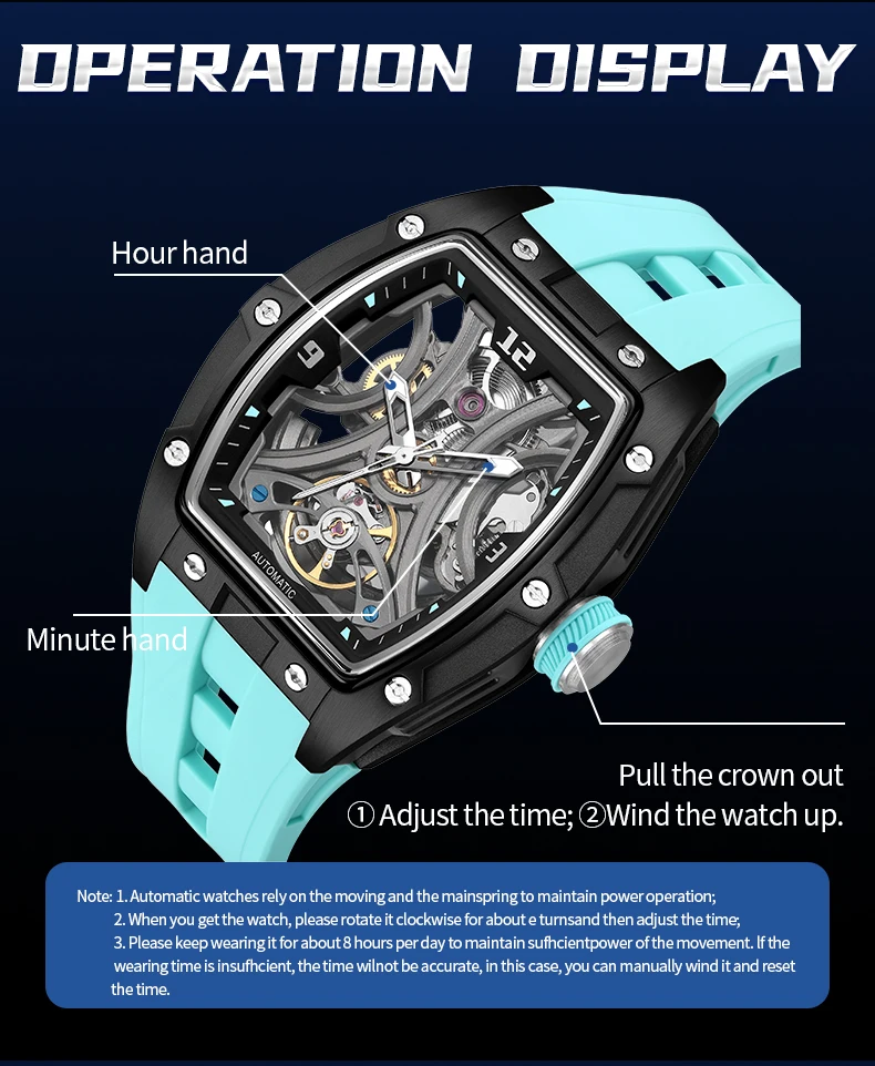 megir sports style automatic mechanical watch for men full hollow transparent dial design stainless steel case silicone strap Skeleton watch with teal strap