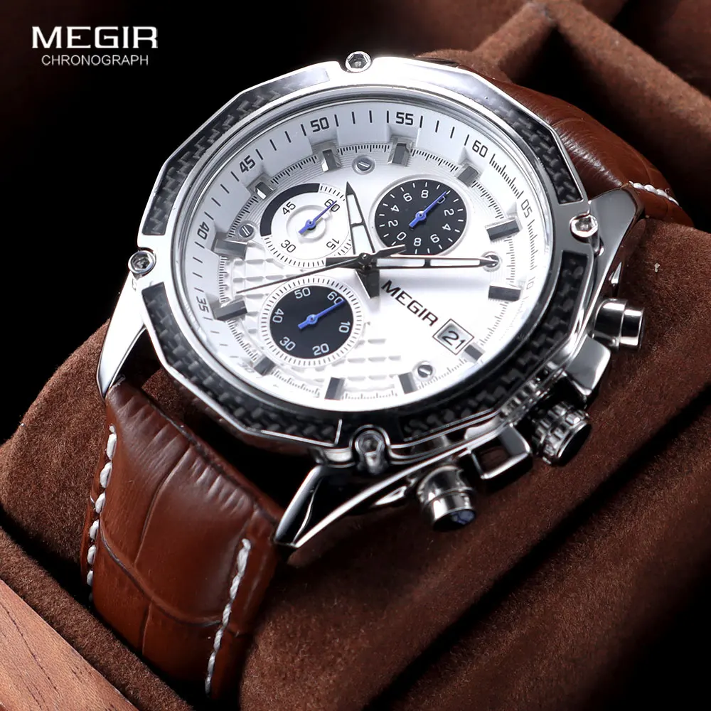 megir quartz male watches genuine leather watches racing men students game run chronograph watch male glow hands for man 2015g Men's chronograph watch with leather strap