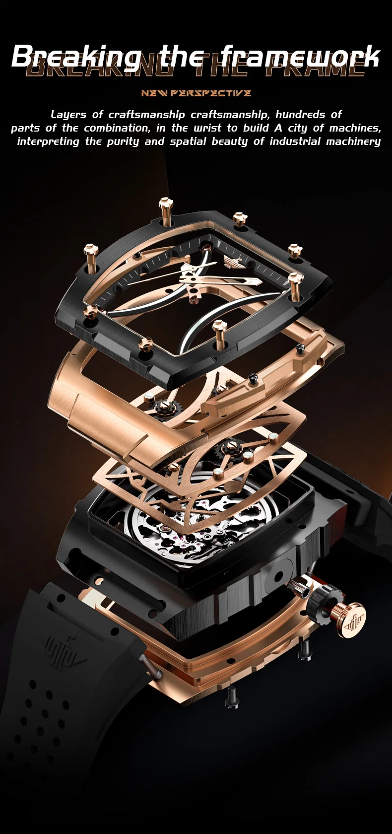 oupinke men's watches classic luxury tonneau dial top brand original automatic mechanical wristwatch silicone strap sapphire new Exploded view watch movement