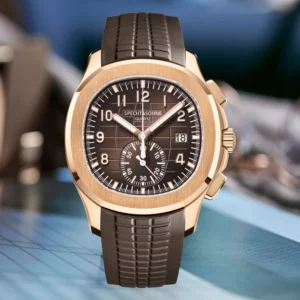 Rose gold watch with brown strap