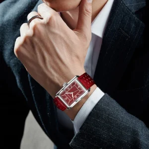 Red watch with metal band