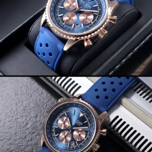 Blue chronograph watch with rose gold accents.