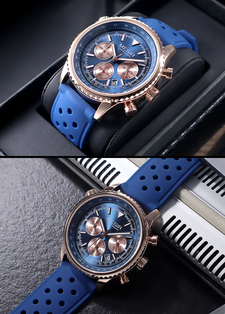 megir silver black quartz watch men military sport chronograph wristwatch with silicone strap luminous hands auto date 2236 Blue chronograph watch with rose gold accents.