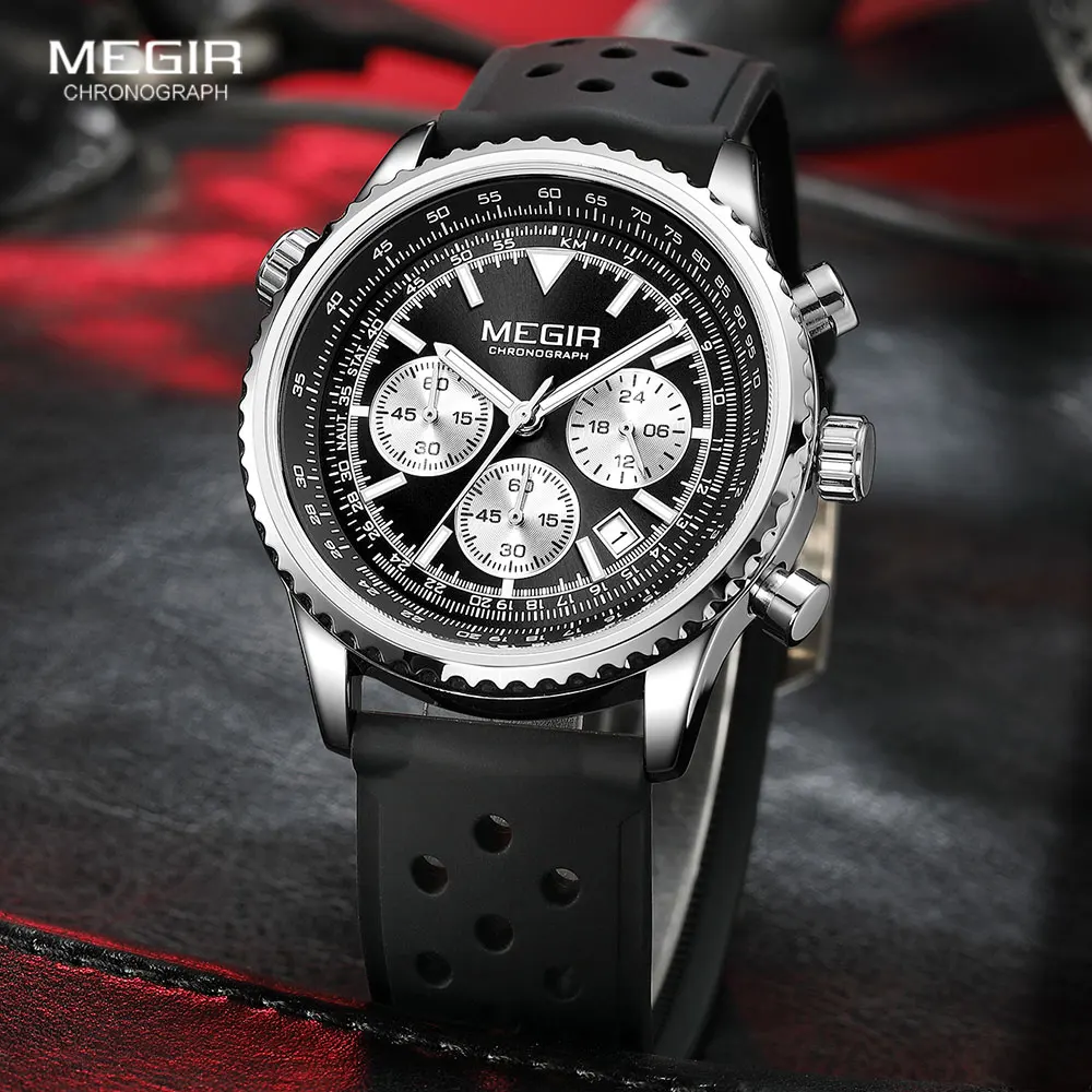 megir silver black quartz watch men military sport chronograph wristwatch with silicone strap luminous hands auto date 2236 Men's black analog chronograph watch
