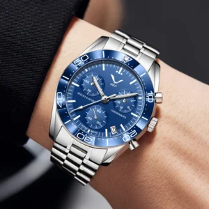 Blue chronograph watch on wrist