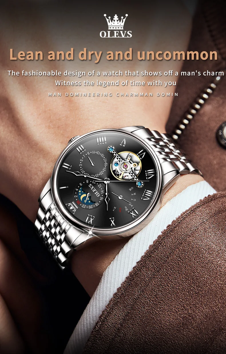 olevs tourbillon moon phases watch men luxury sports waterproof automatic mechanical wristwatch calendar week men's watches Men's automatic skeleton watch