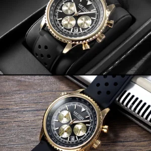 gold chronograph watch with black strap
