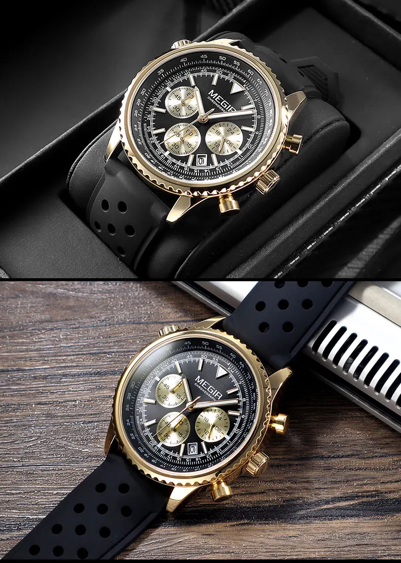megir silver black quartz watch men military sport chronograph wristwatch with silicone strap luminous hands auto date 2236 gold chronograph watch with black strap