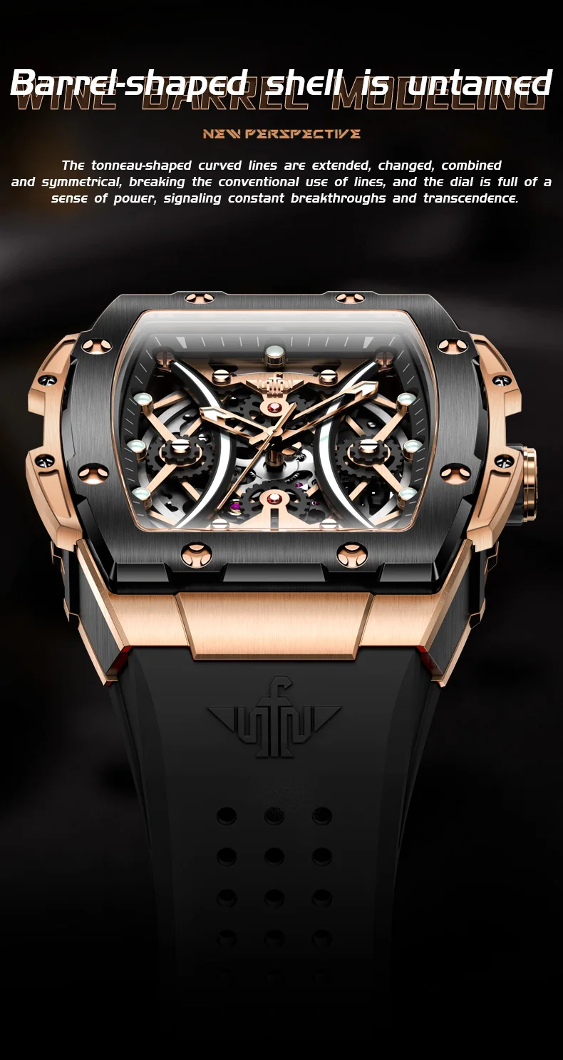 oupinke men's watches classic luxury tonneau dial top brand original automatic mechanical wristwatch silicone strap sapphire new Luxury tonneau watch dial.
