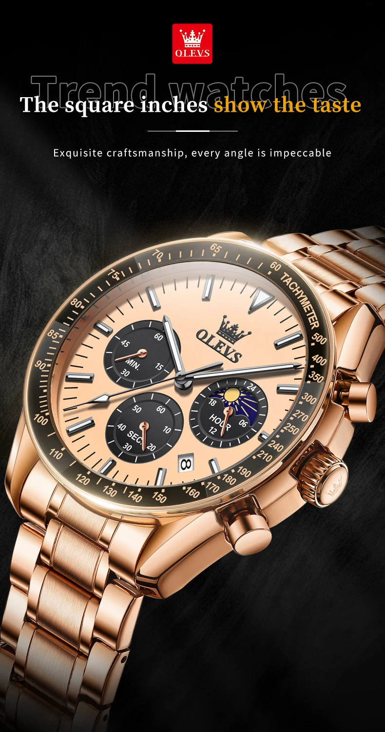 olevs brand new luxury rose gold quartz watch men stainless steel waterproof luminous date moon phase chronograph watches mens Rose gold men's watch