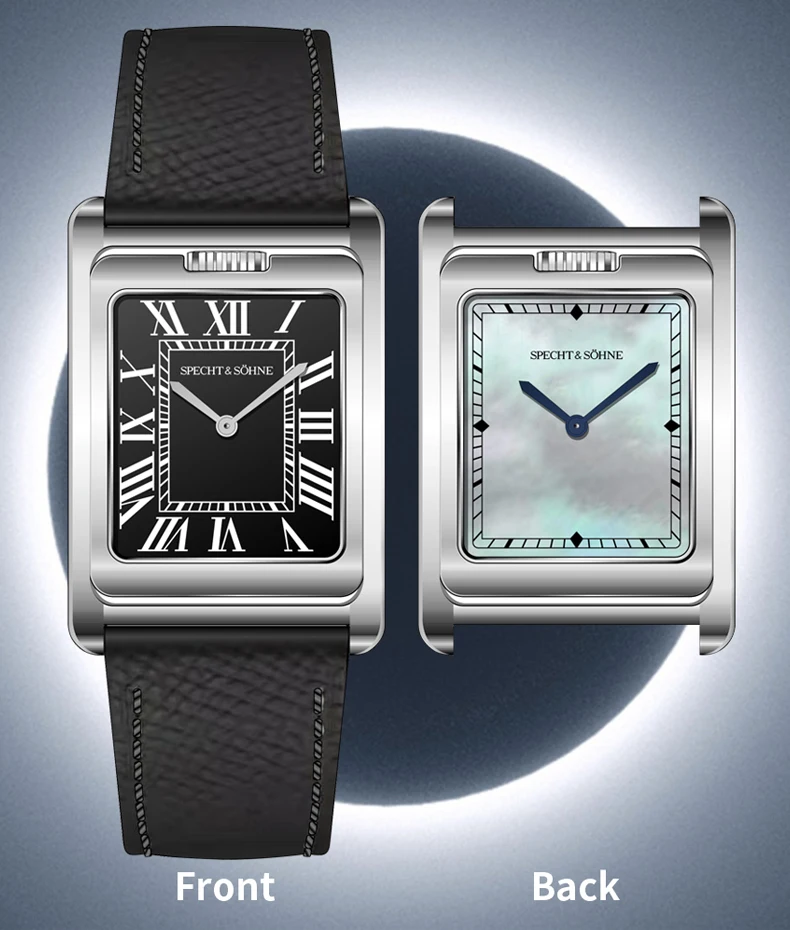 new luxury specht & söhne men's watch shell dial double face quartz watch 316l stainless steel wristwatch for men 50m waterproof Two rectangular watches shown