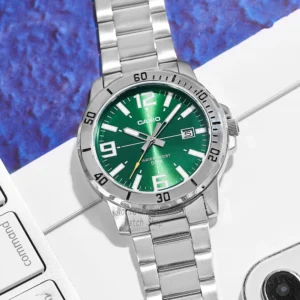 Green dial metal band watch
