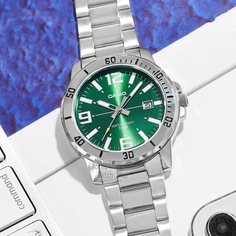 casio watch for men top brand luxury set waterproof quartz watch simple atmosphere reloj mujer mtp vd01d 3b Green dial metal band watch
