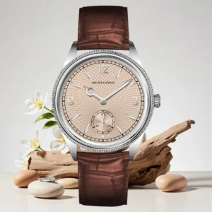 Luxury watch with leather strap.