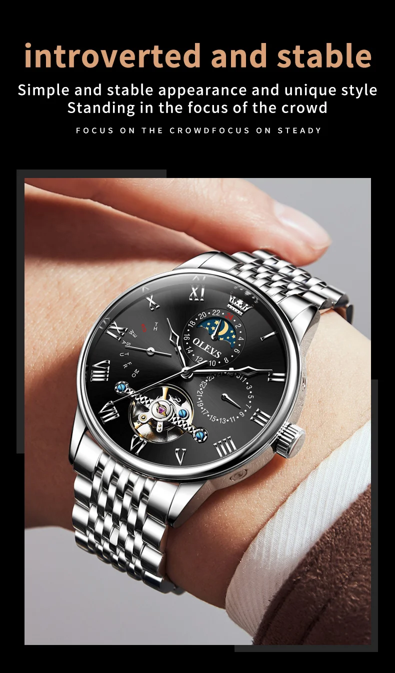 olevs tourbillon moon phases watch men luxury sports waterproof automatic mechanical wristwatch calendar week men's watches Luxury men's silver watch
