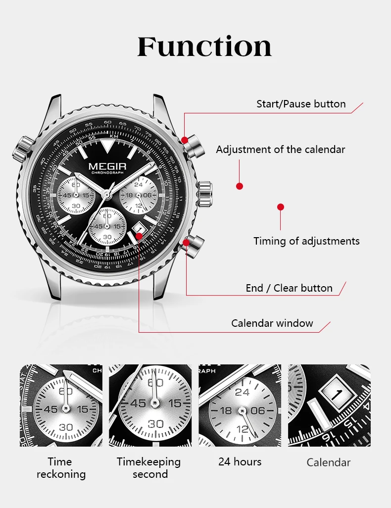 megir silver black quartz watch men military sport chronograph wristwatch with silicone strap luminous hands auto date 2236 Watch functions explained with illustration