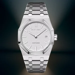 Silver octagonal watch with white face.