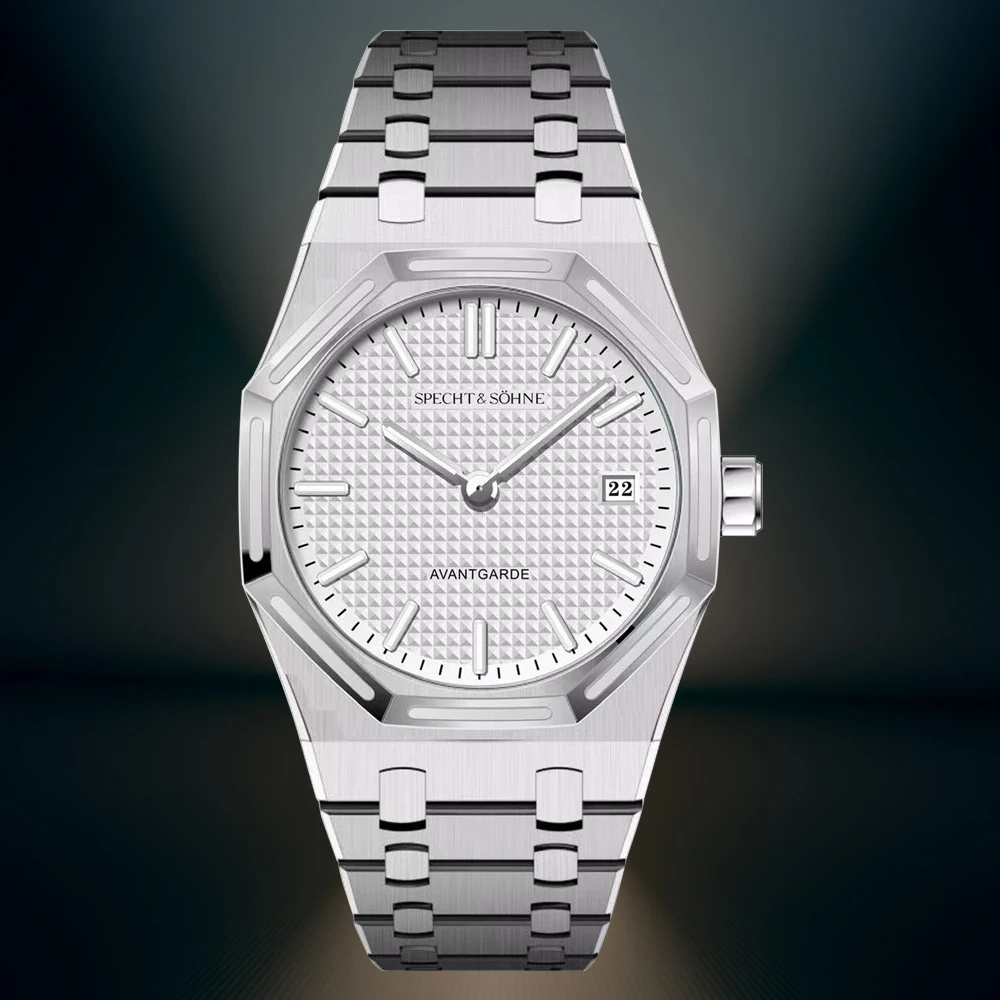 dropshipping 2025 best selling specht & söhne salmon men's quartz sports watch 50m waterproof ultrathin wristwatch for men Silver octagonal watch with white face.