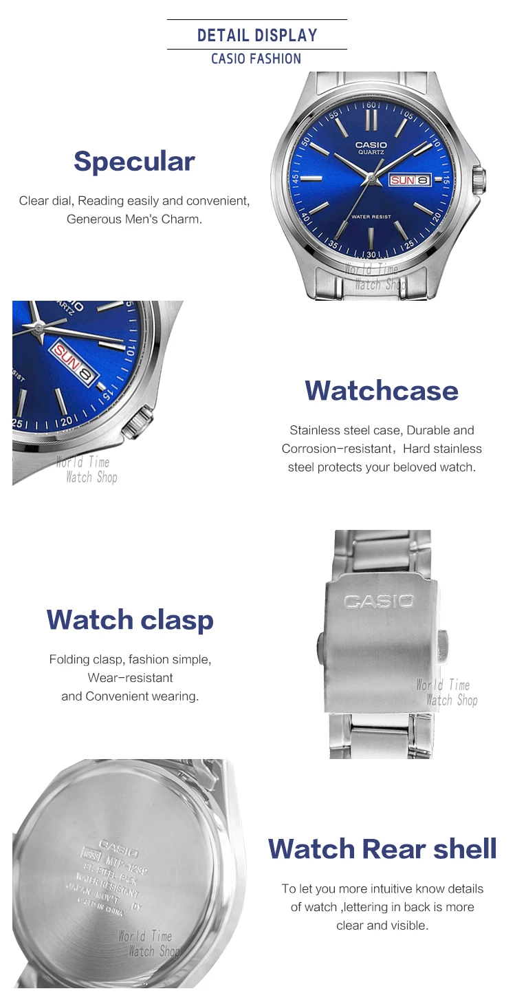 casio watch men simple week calendar waterproof quartz men watch business casual style Blue dial men's watch details