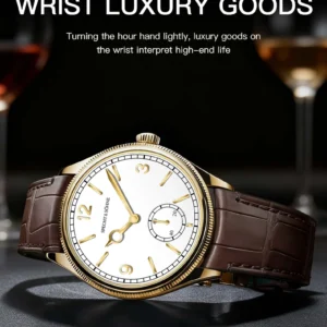 Gold luxury wristwatch with brown strap
