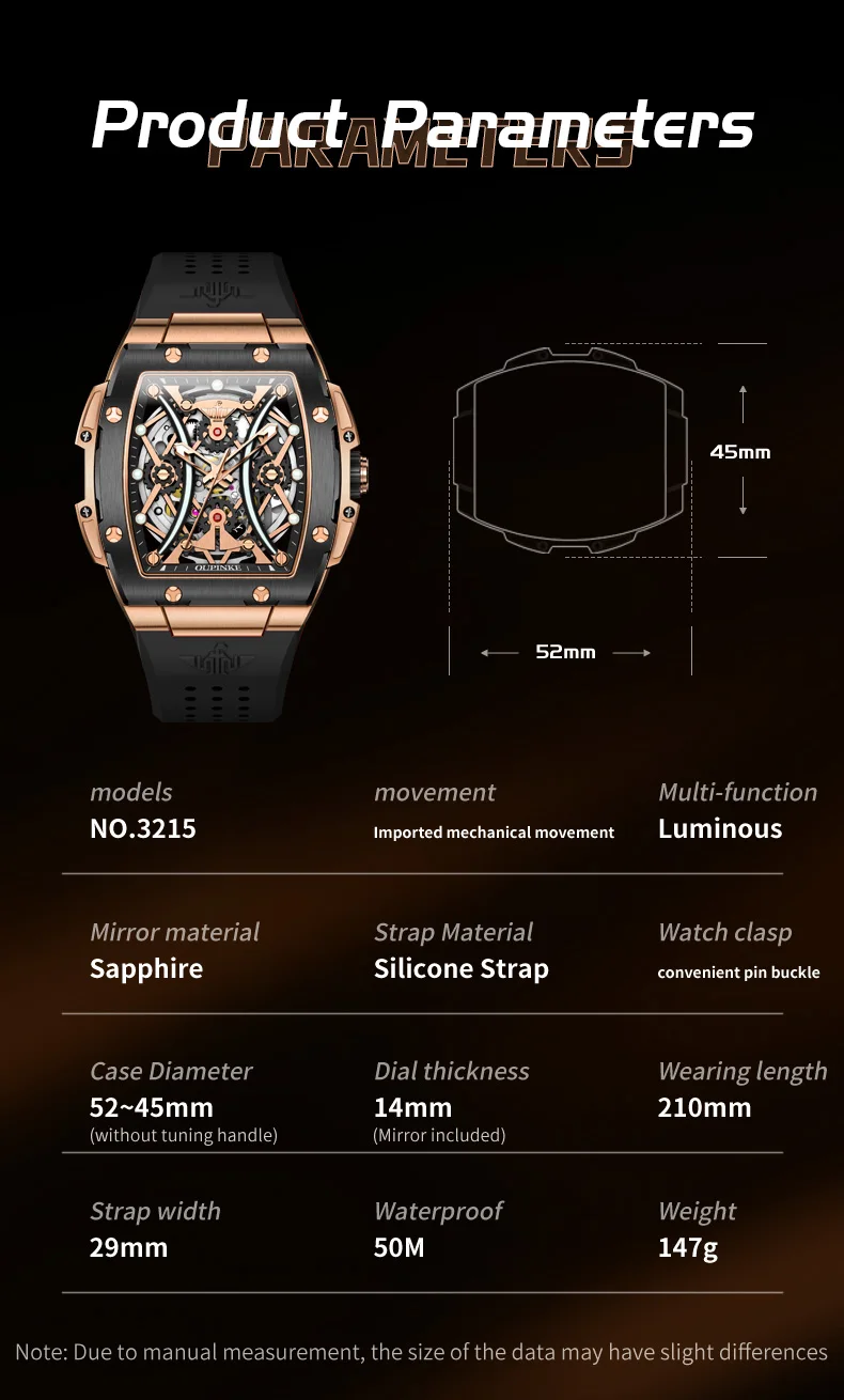 oupinke men's watches classic luxury tonneau dial top brand original automatic mechanical wristwatch silicone strap sapphire new Black and rose gold watch