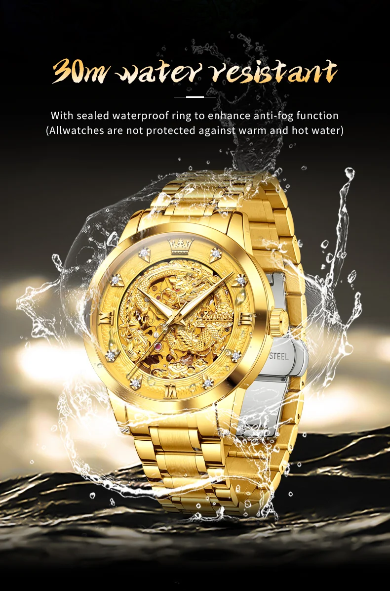 olevs gold steel dragon dial automatic watch men full steel waterproof miyota mechanical mens watches top brand luxury relogio gold dragon automatic mechanical watch