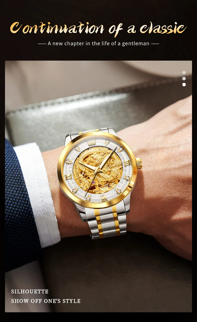olevs gold steel dragon dial automatic watch men full steel waterproof miyota mechanical mens watches top brand luxury relogio Golden dragon skeleton mechanical watch.