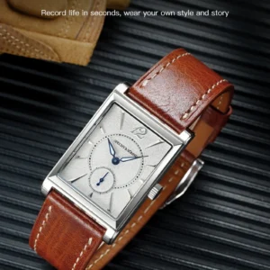 Rectangle silver watch brown strap