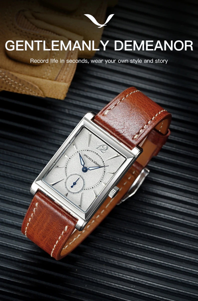 2025 new fashion specht & söhne square watch men's watches ultrathin japan movt casual men watch black color reloj hombre 26mm Rectangle silver watch brown strap