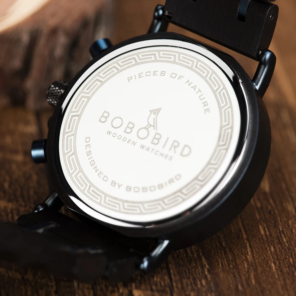 reloj hombre bobo bird new wooden watch men top brand luxury chronograph military quartz watches for man dropshipping customized Wooden watch back detail
