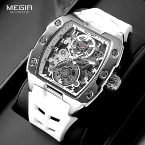 Automatic skeleton watch with white strap