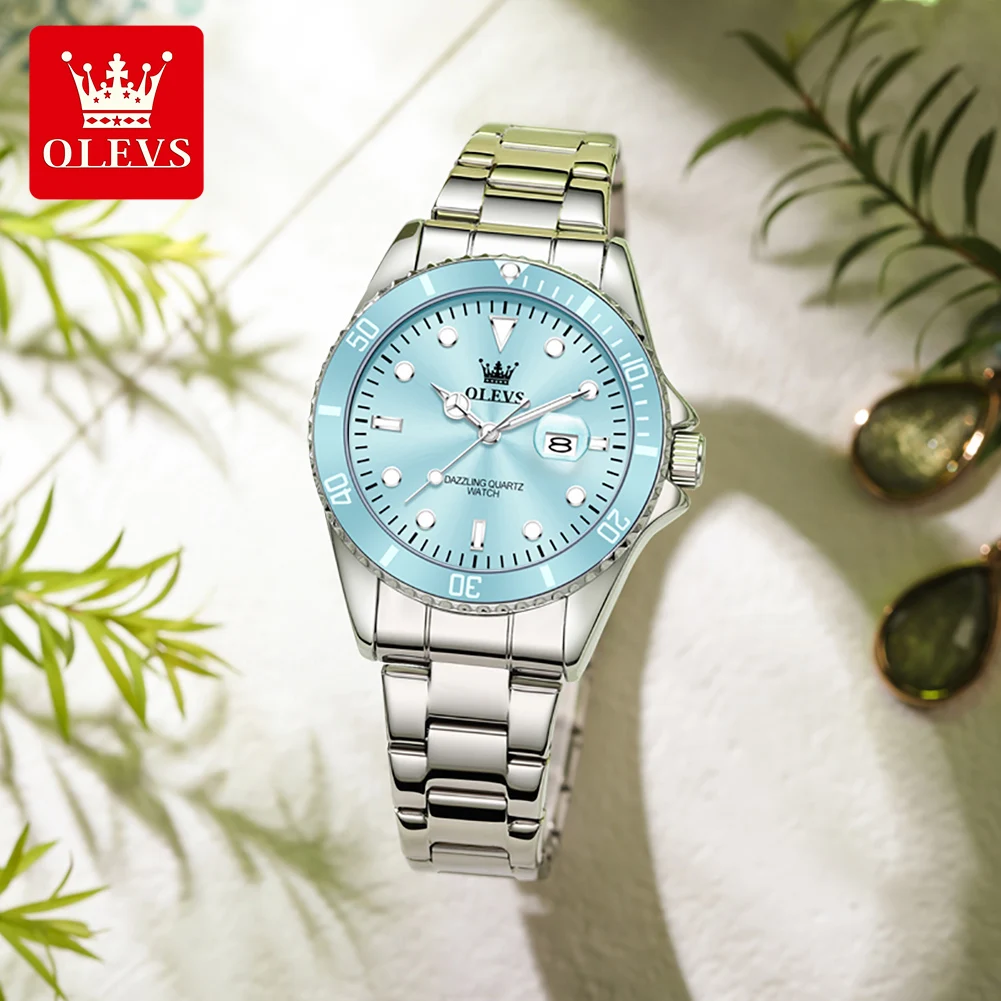 olevs luxury stainless steel waterproof quartz watch for women fashion calendar luminous womens wristwatch sport clock reloj Light blue quartz watch