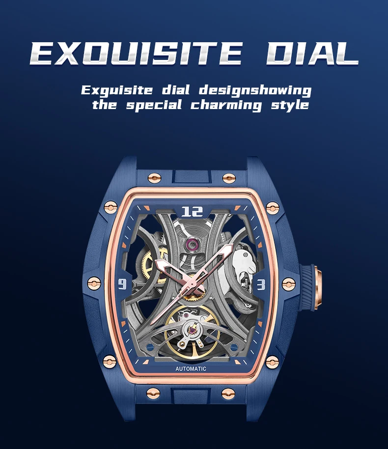 megir sports style automatic mechanical watch for men full hollow transparent dial design stainless steel case silicone strap Exquisite automatic skeleton watch