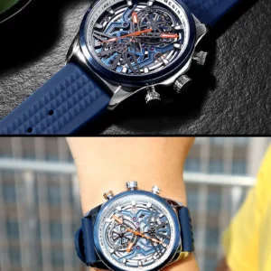 Blue skeleton dial watch