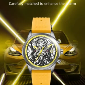 Yellow watch on car background