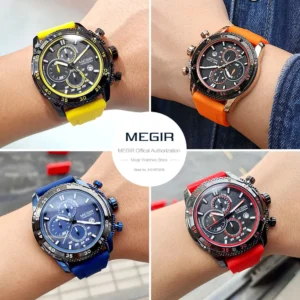 Four watches with colored bands.