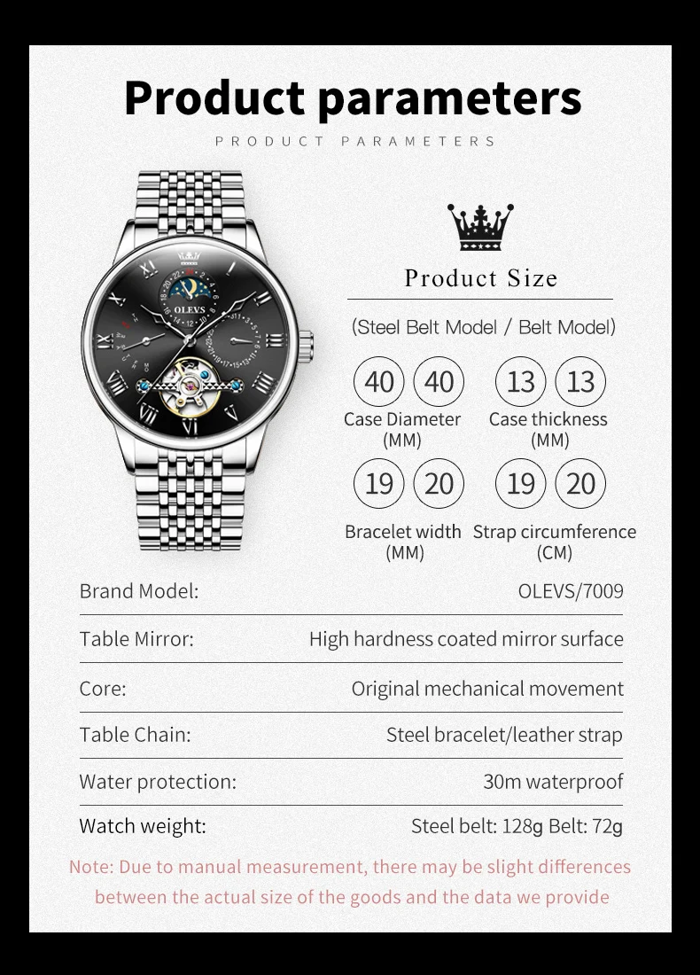 olevs tourbillon moon phases watch men luxury sports waterproof automatic mechanical wristwatch calendar week men's watches Watch product parameters and size