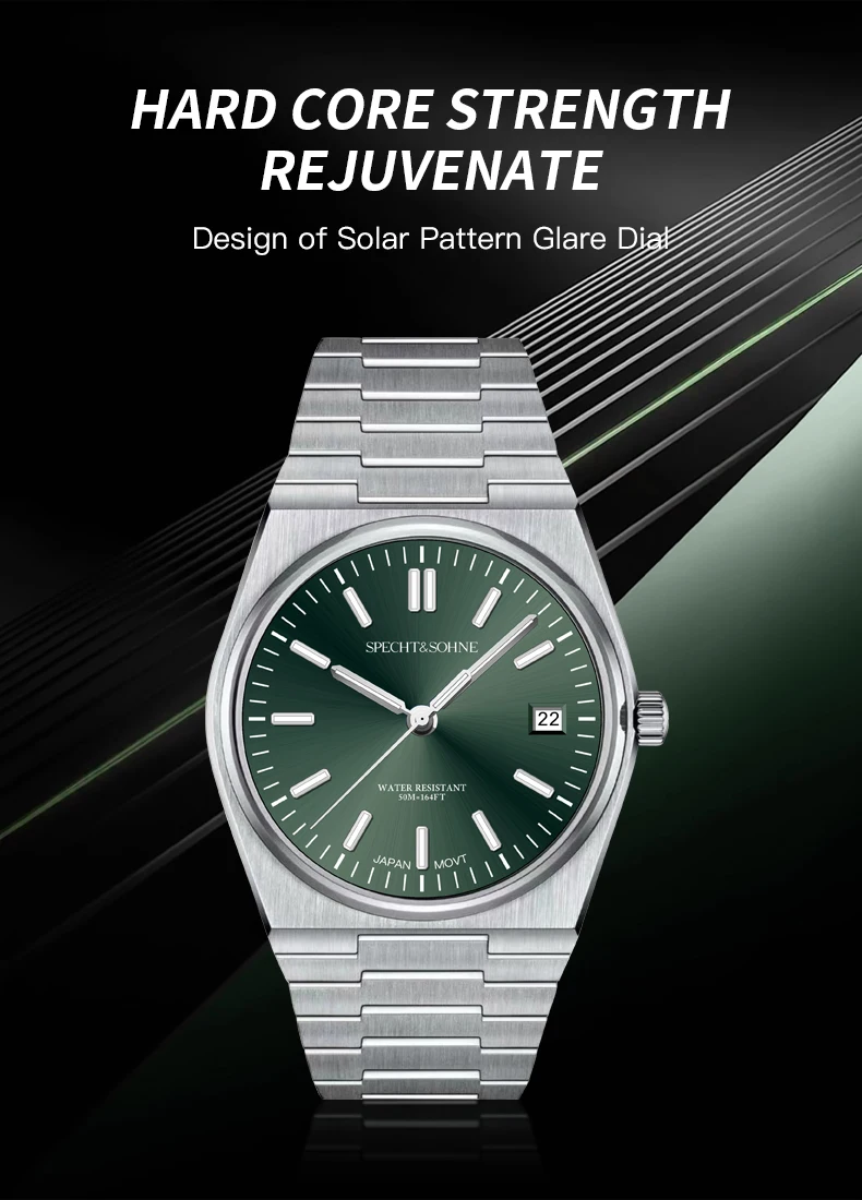 2025 new high quality specht&sohne 37mm men's watches quartz movt pvd gold sapphire stainless steel classic watch 50m waterproof Green dial metal watch