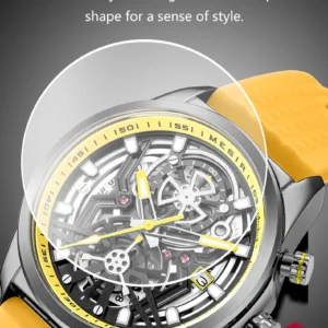 Skeleton watch with yellow accents.