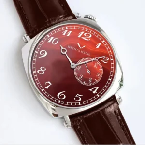 Red dial watch with leather strap