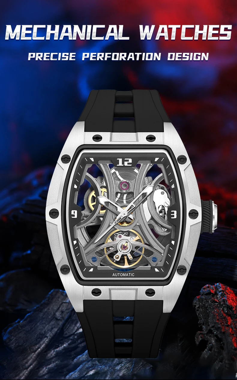 megir sports style automatic mechanical watch for men full hollow transparent dial design stainless steel case silicone strap Mechanical watch with complex design