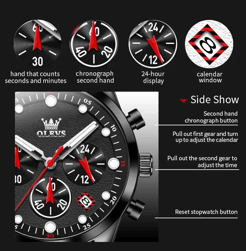 olevs brand sports quartz watch for men fashion silicone strap waterproof luminous chronograph watches mens relogio masculino Watch functions and chronograph display